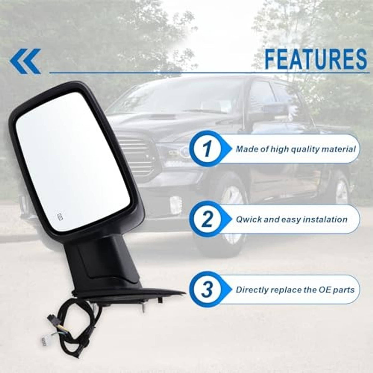 Black left driver-side mirror with clear glass and mounting base, angled view