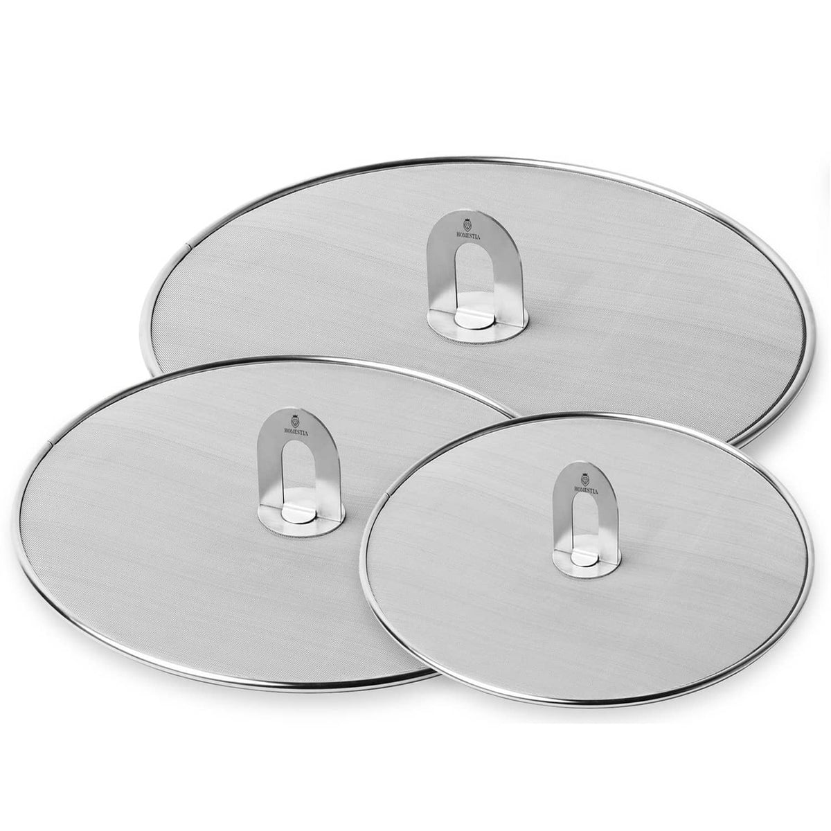 Stainless steel splatter screen set of 3, three round covers with central handles