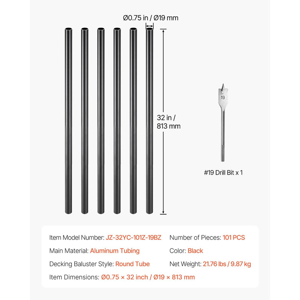 Pack of black round aluminum balusters, 32 in height, plus #19 drill bit