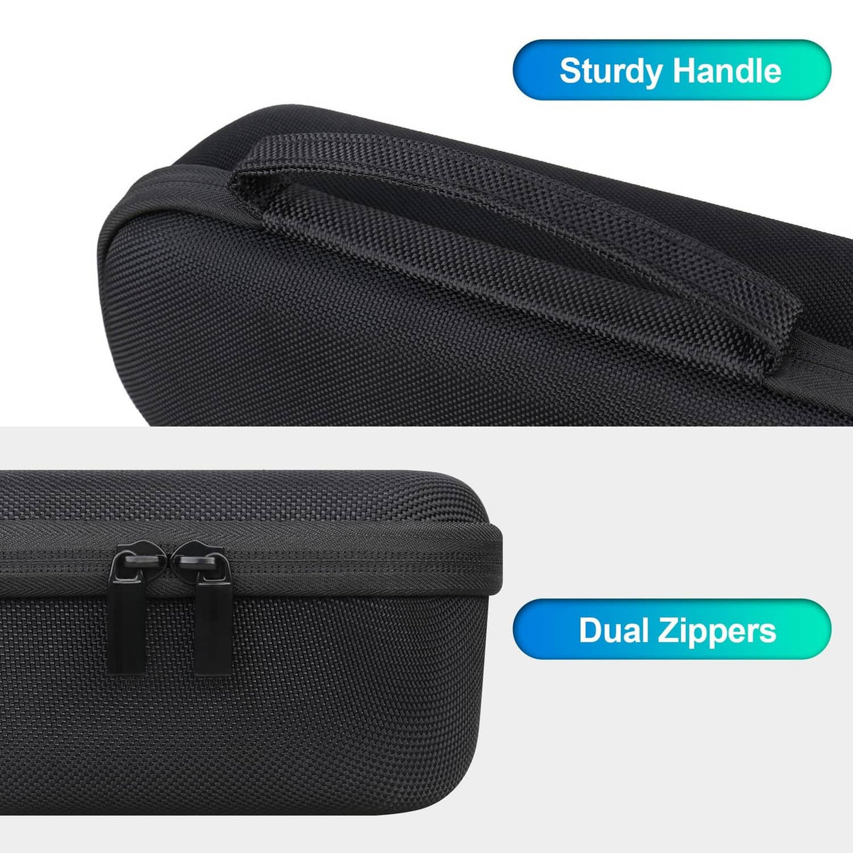 Black speaker carrying case with sturdy handle and dual zippers
