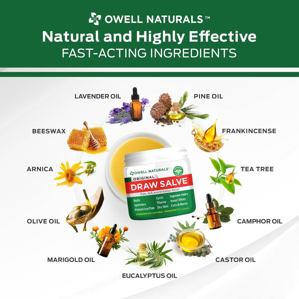 Drawing salve ointment jar centered with oil ingredient illustrations around it