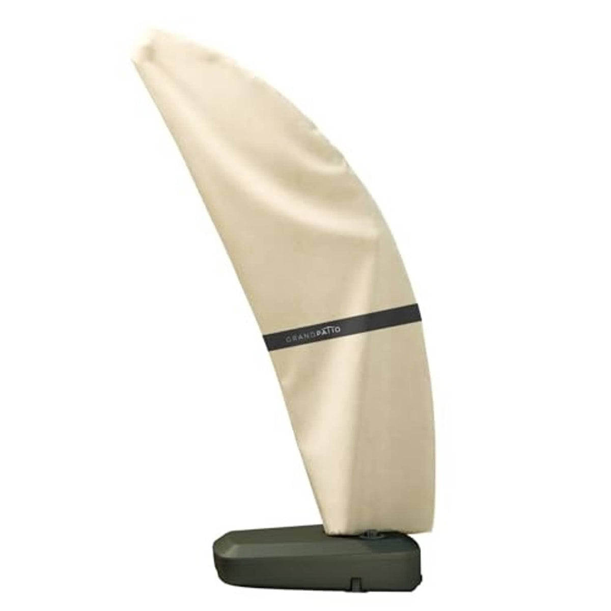 Cream offset patio umbrella cover with dark band, draped over umbrella shape