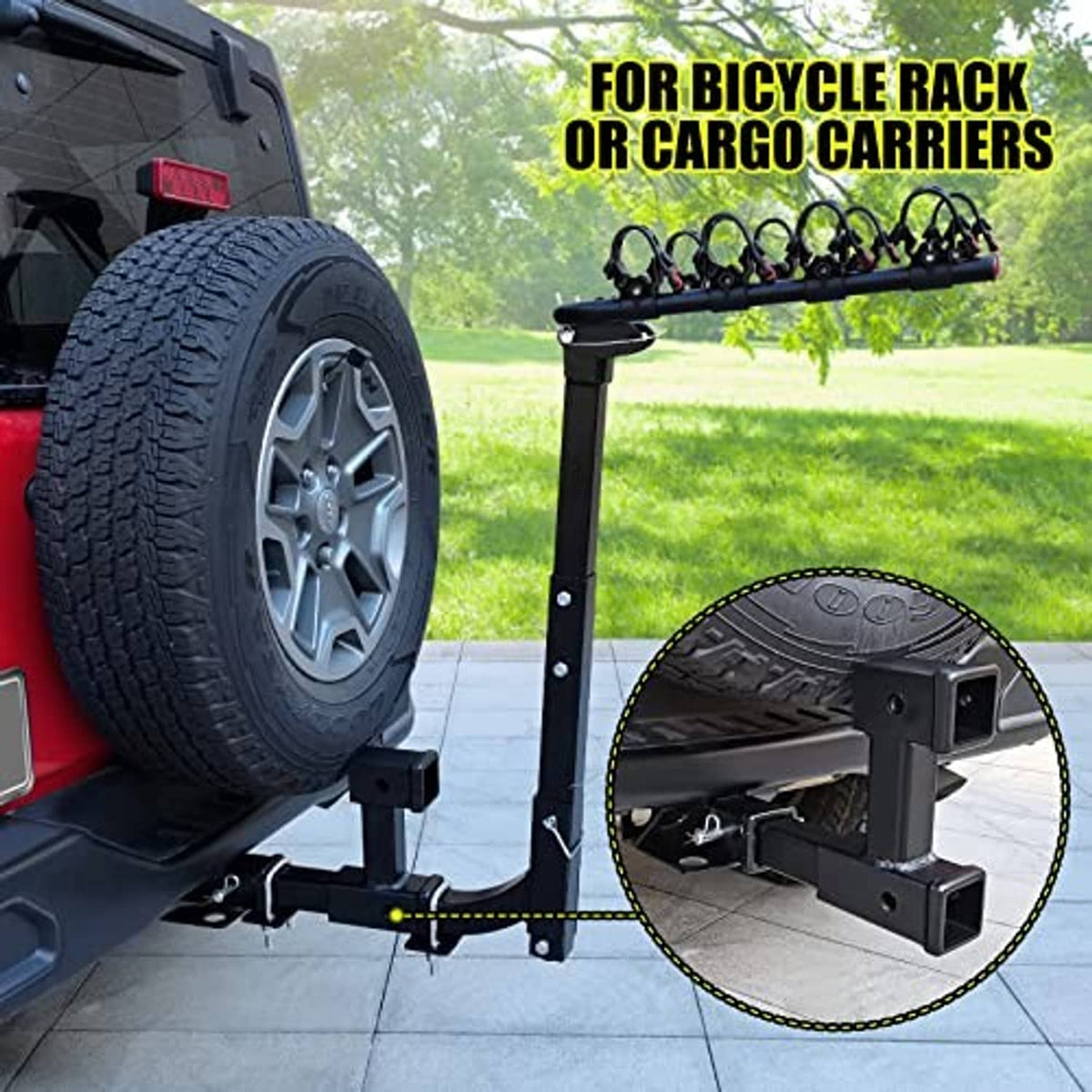 Black hitch riser holding a bicycle rack with cargo carrier mounting points