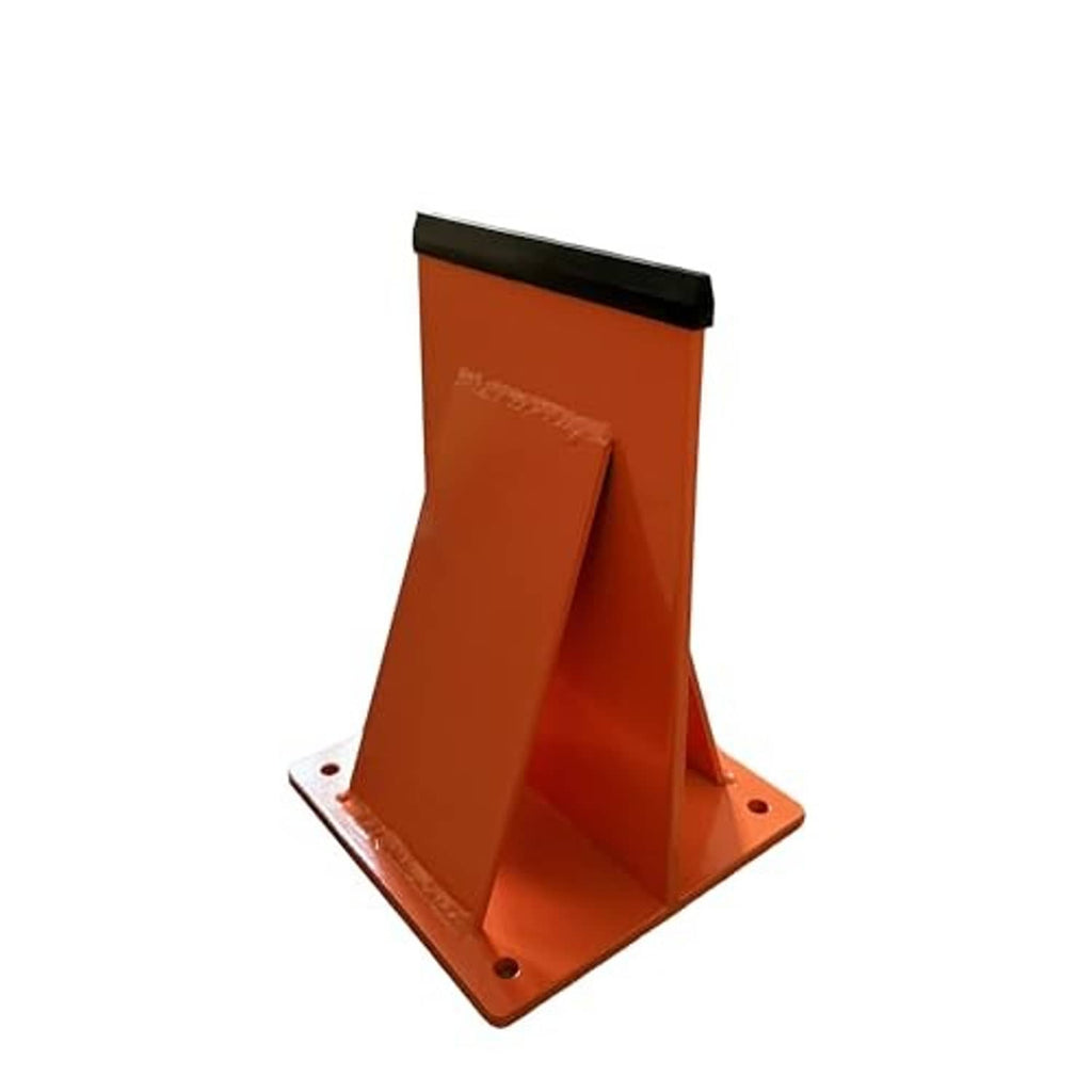 Orange firewood splitter stand with flat base, angled support, and bolt holes