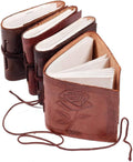 Brown leather mini pocket notebook with rose-embossed cover, tied closure, blank pages
