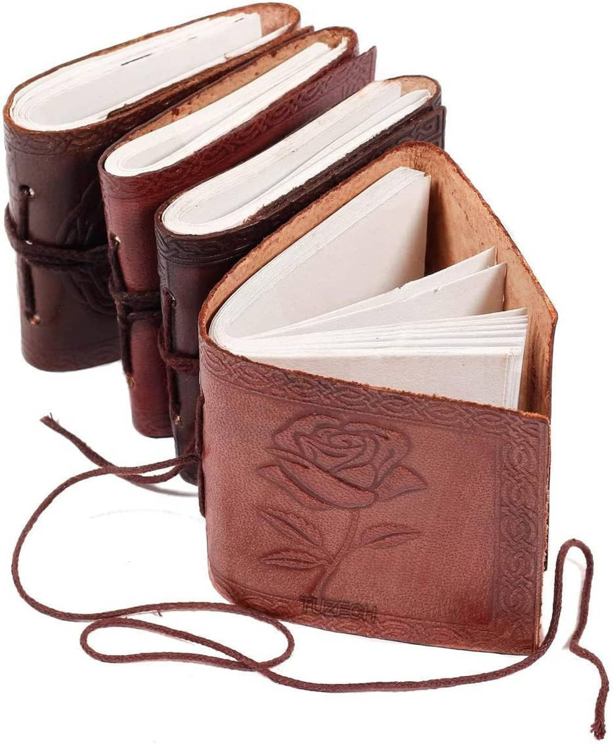 Brown leather mini pocket notebook with rose-embossed cover, tied closure, blank pages