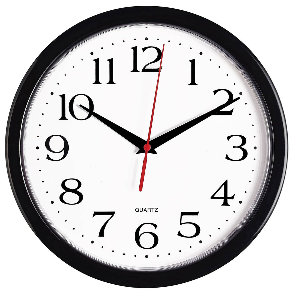 Black 10-inch wall clock with white dial, red second hand, black hour markers