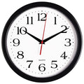 Black 10-inch wall clock with white dial, red second hand, black hour markers