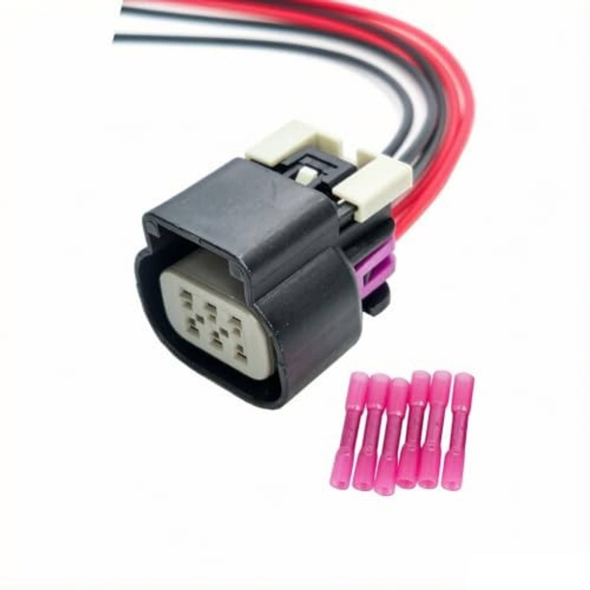6-pin throttle body connector pigtail, black housing with red/black wires and pink terminals