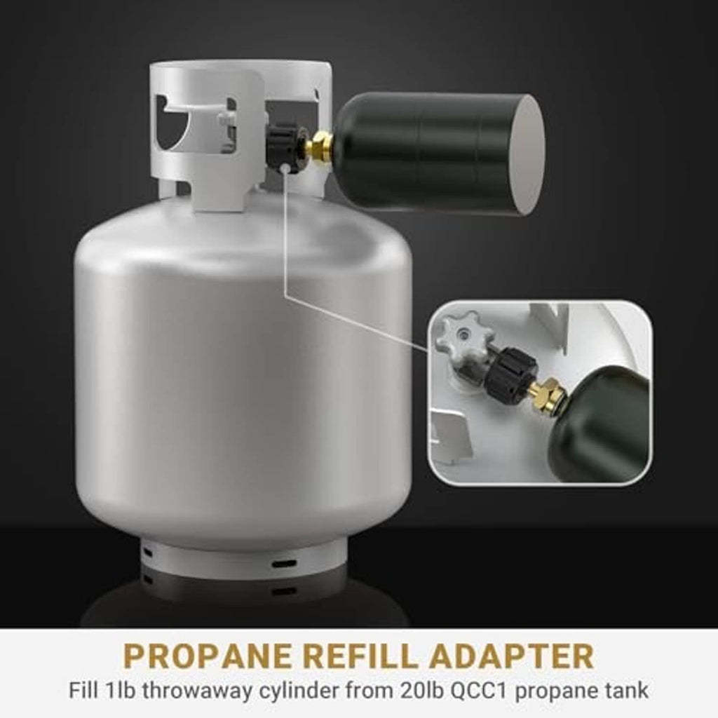 Propane refill adapter attached to a silver propane cylinder with brass connector