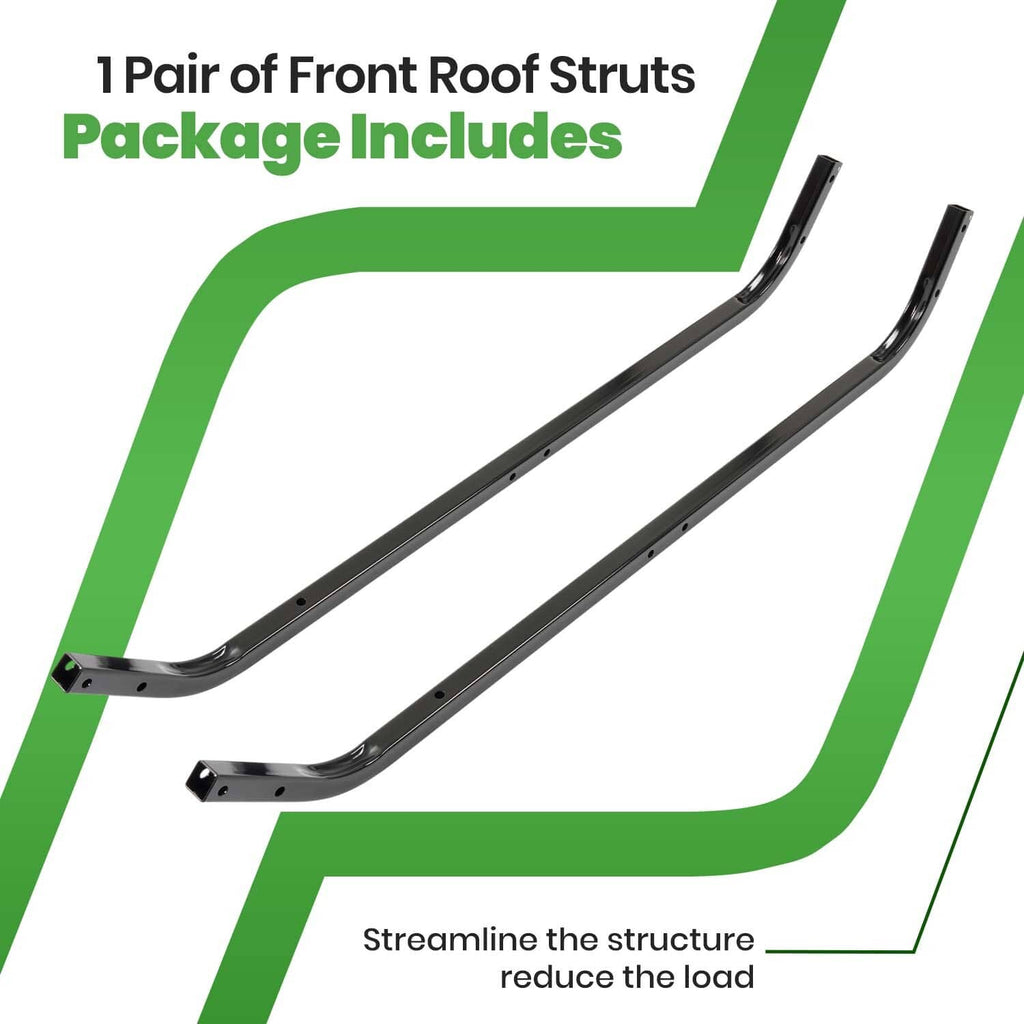 Two black front roof strut bars with mounting holes, steel curved support pieces
