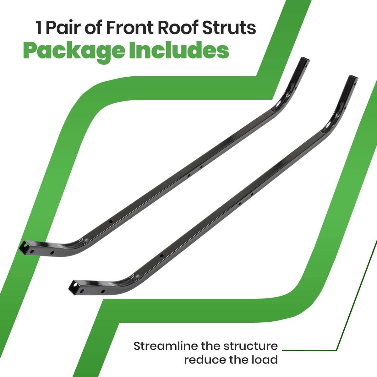 Two black front roof strut bars with mounting holes, steel curved support pieces