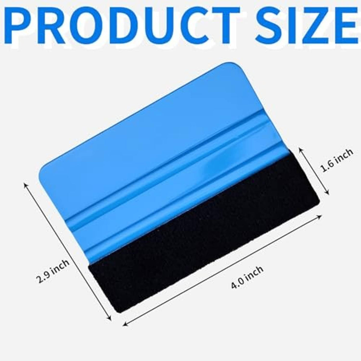 Mini squeegee for vinyl wrap, blue scraper with black felt edge, shown with size