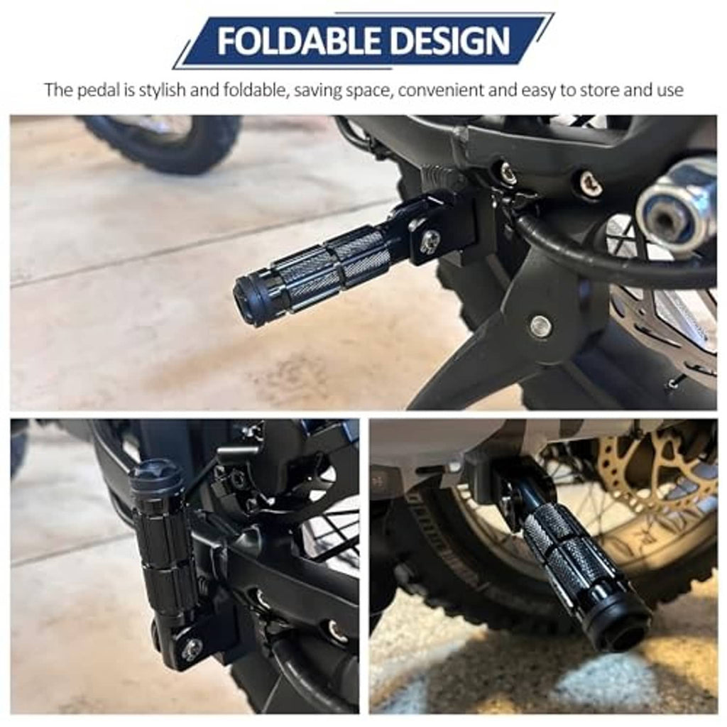 Foldable black motorcycle foot peg with textured grip attached to frame