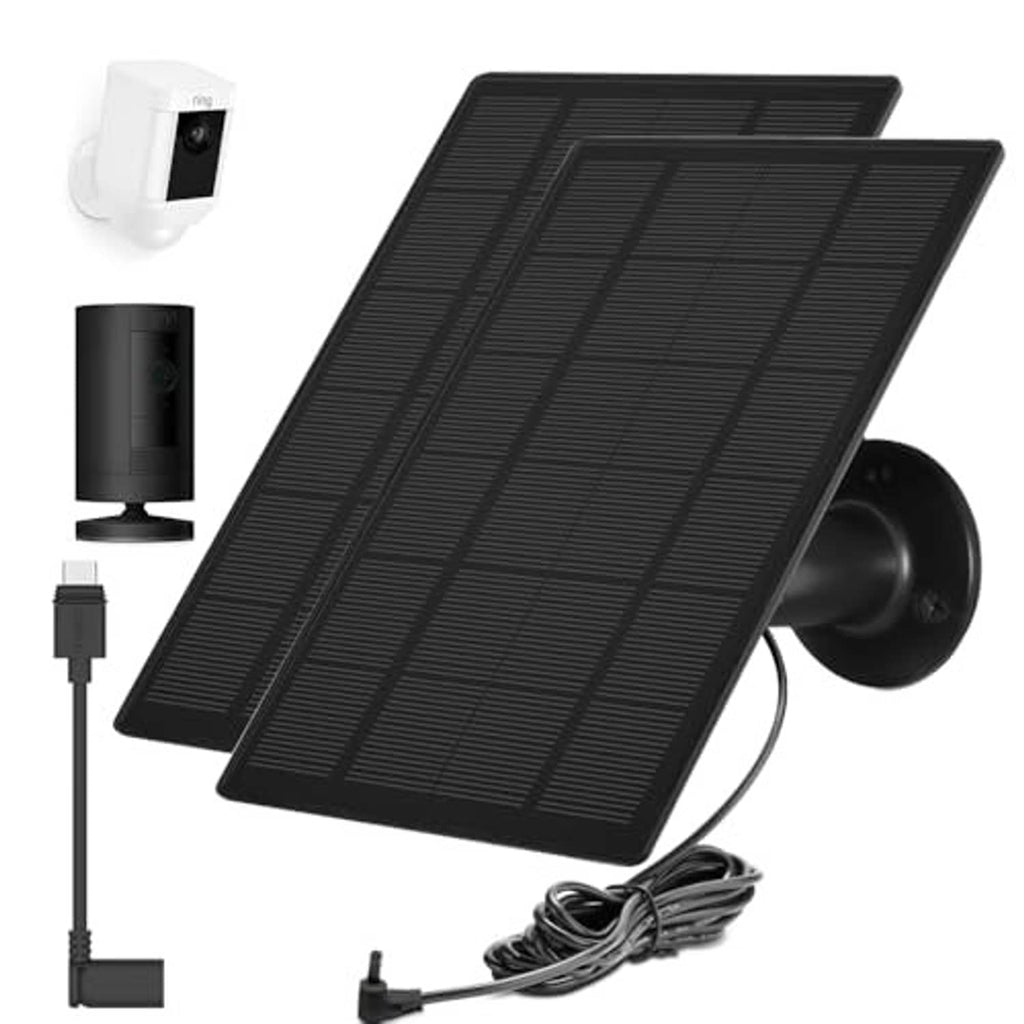 Two black solar panels with wall mount brackets, cables, and mounting accessories