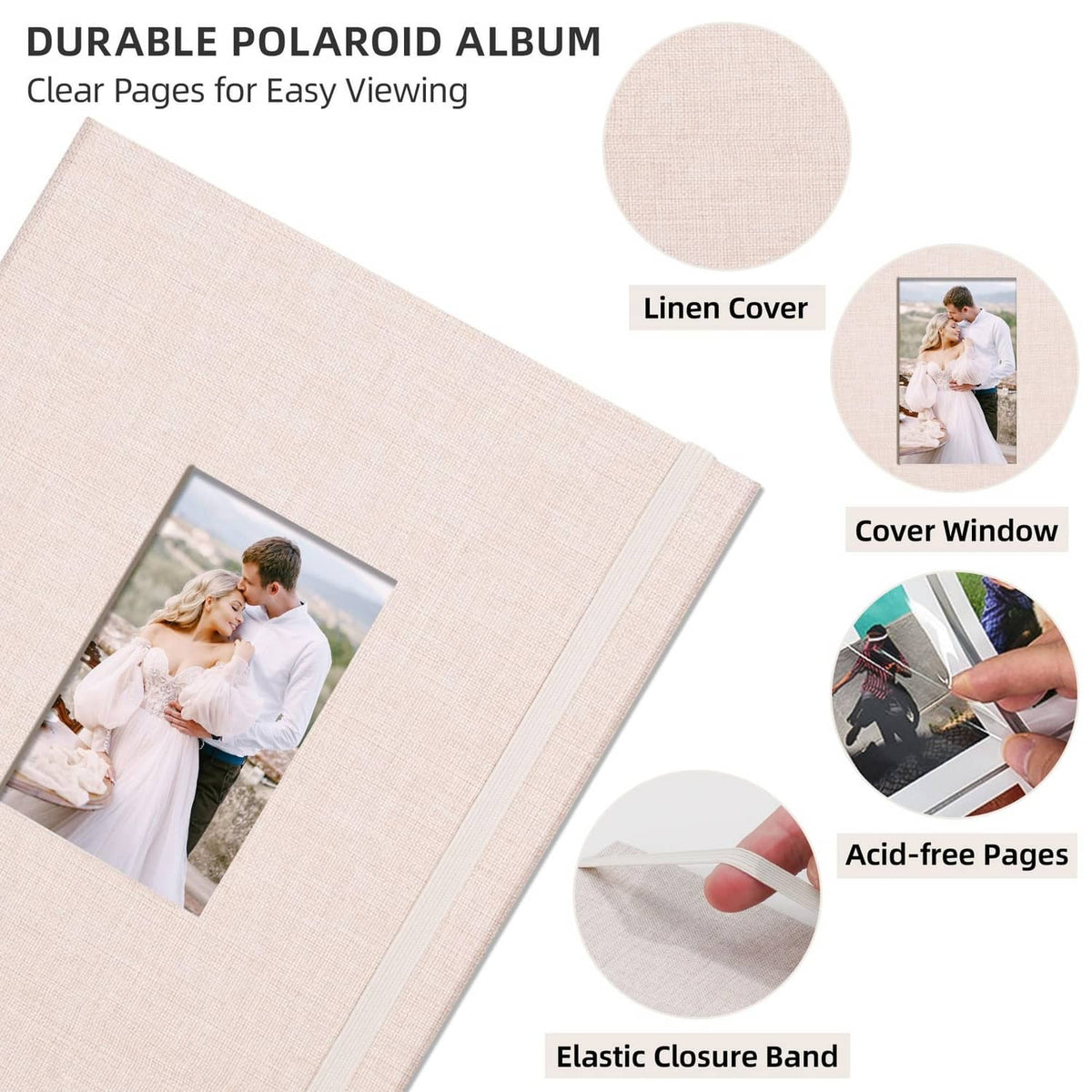 Beige linen-cover Polaroid album with clear pages, cover window, and elastic closure band