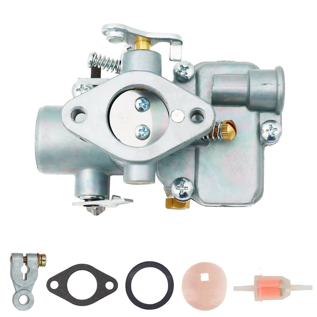Carburetor assembly top view with choke linkage and fuel fitting