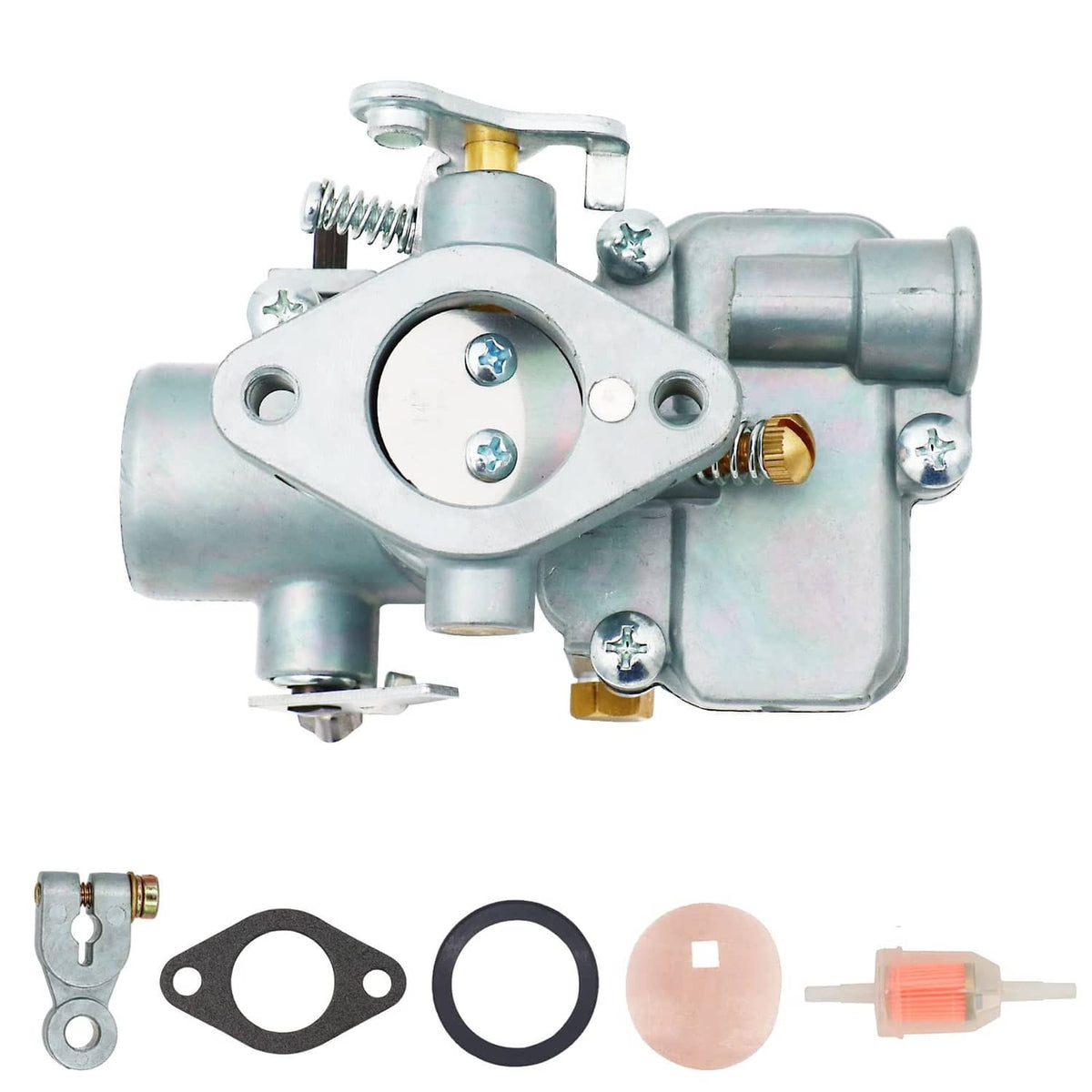 Carburetor assembly top view with choke linkage and fuel fitting