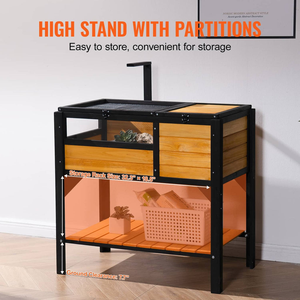 Wood and black reptile habitat with partitions, hinged mesh top, and lower deck platform