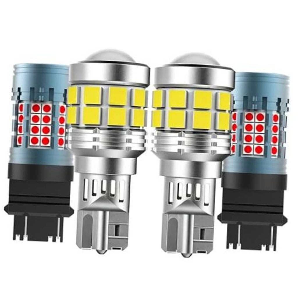 Four silver LED tail light bulbs with yellow center boards and red side LED grids