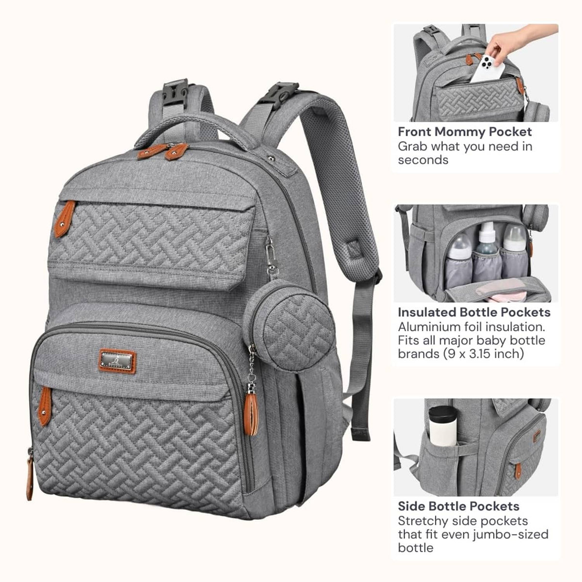 Light gray diaper bag backpack with front mommy pocket and side bottle pockets detail