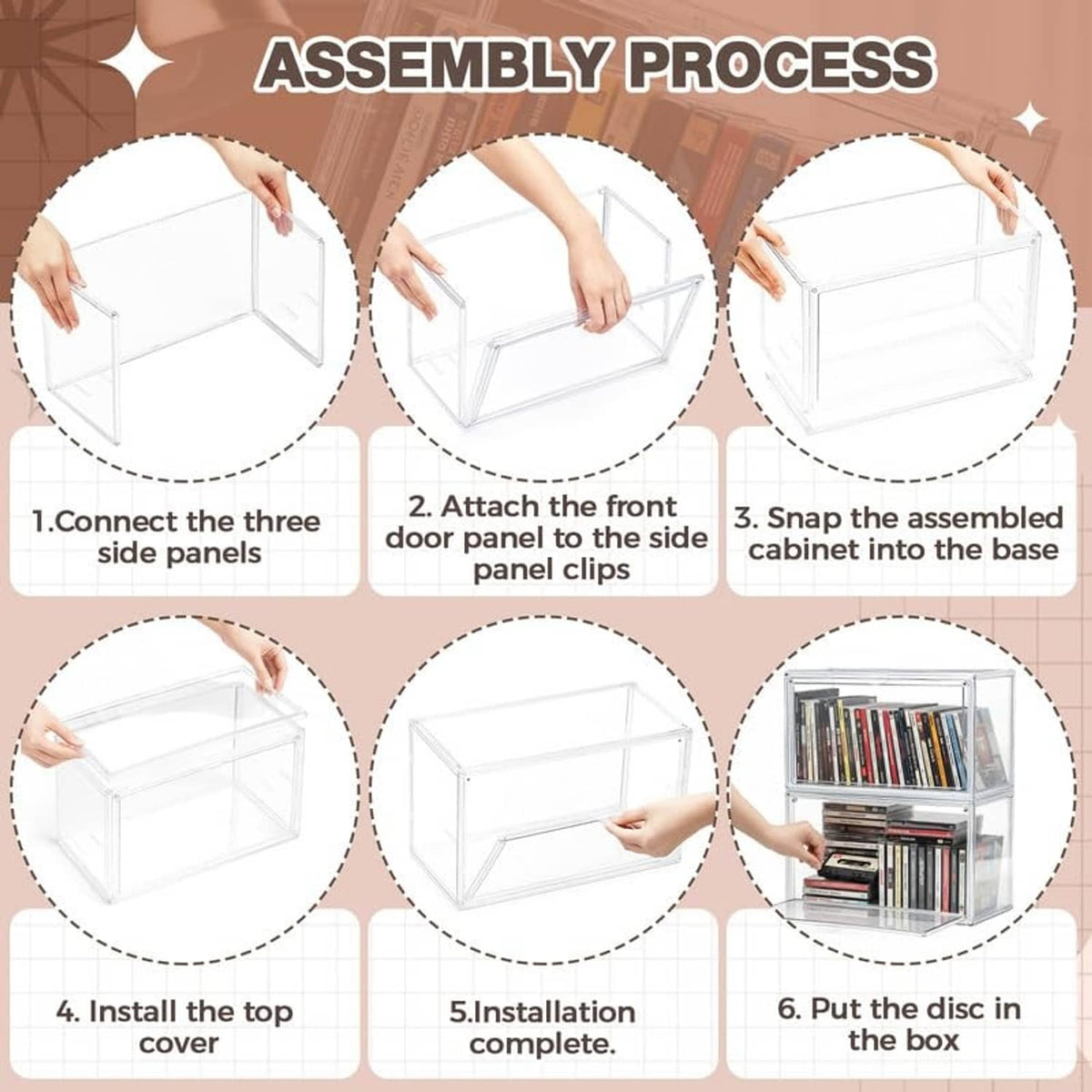 Clear acrylic DVD/CD storage case assembly diagram showing connected panels and base