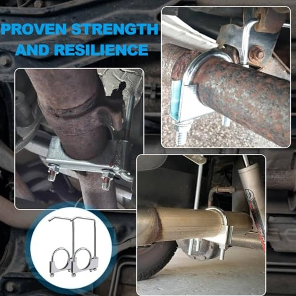 Exhaust clamp with hanger installed on a rusted vehicle exhaust pipe, showing bolt heads