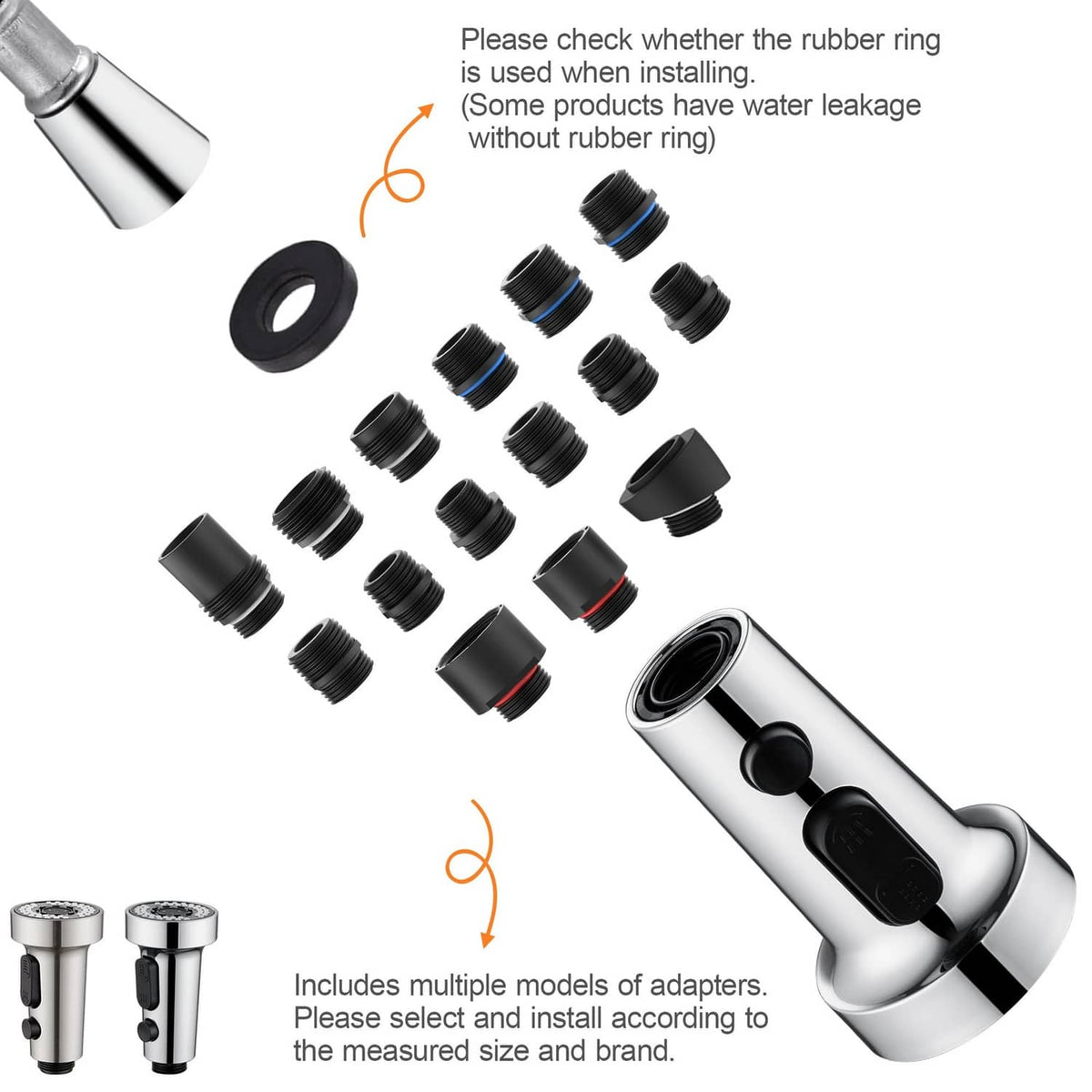 Chrome spray head replacement with multiple adapter nozzles and rubber ring