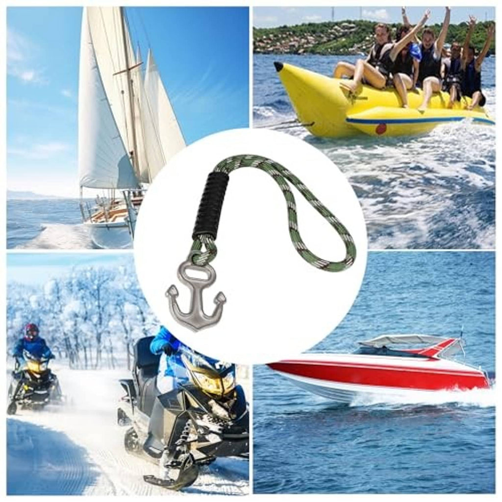 Green braided tow rope with stainless steel anchor-shaped hook connector
