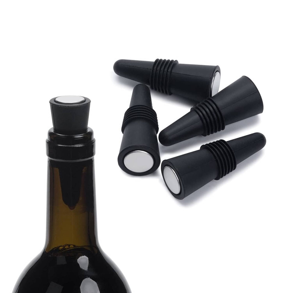 Black silicone wine bottle stoppers, set of 5, with conical ends and round sealing inserts