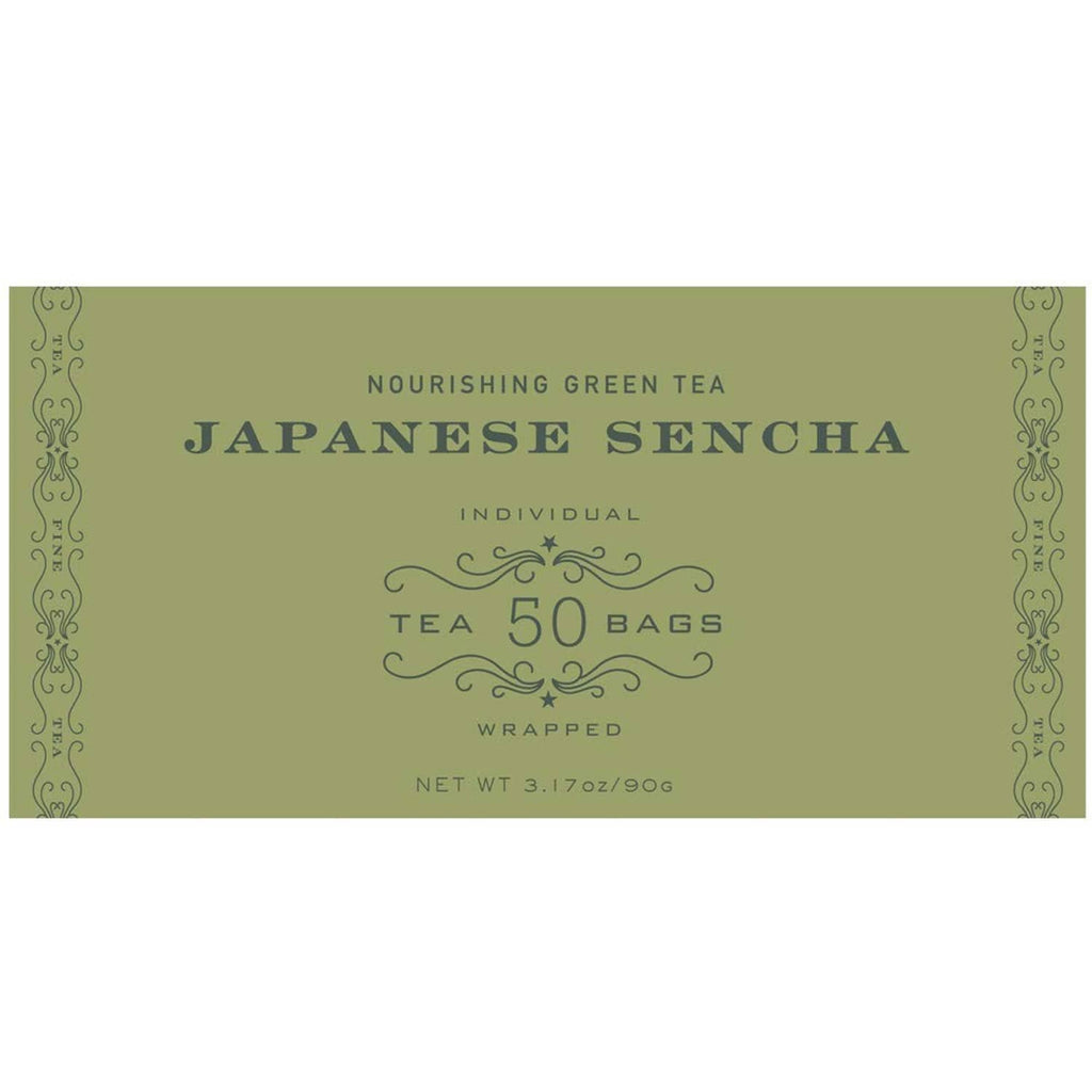 Japanese Sencha green tea box panel showing 50 individually wrapped tea bags