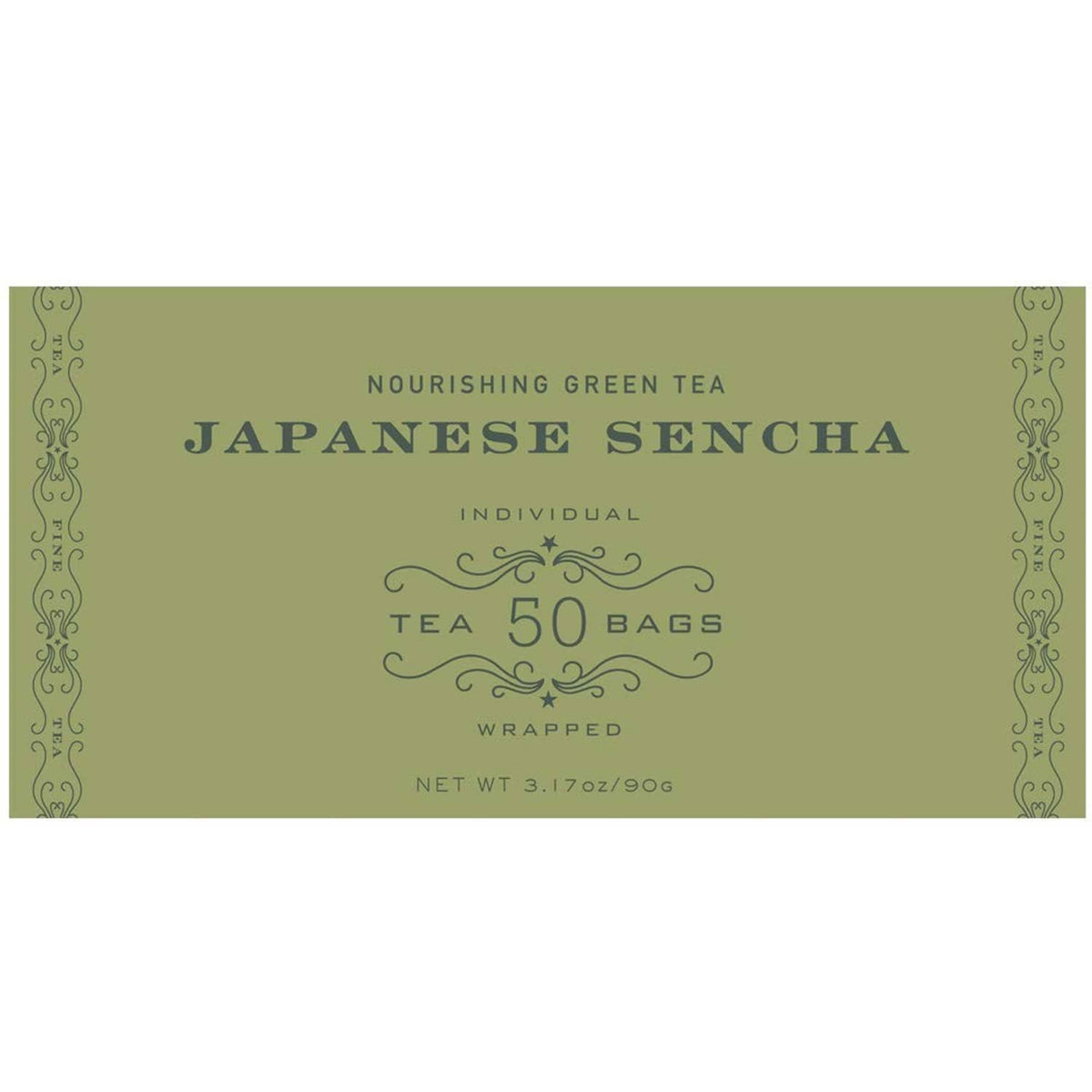 Japanese Sencha green tea box panel showing 50 individually wrapped tea bags
