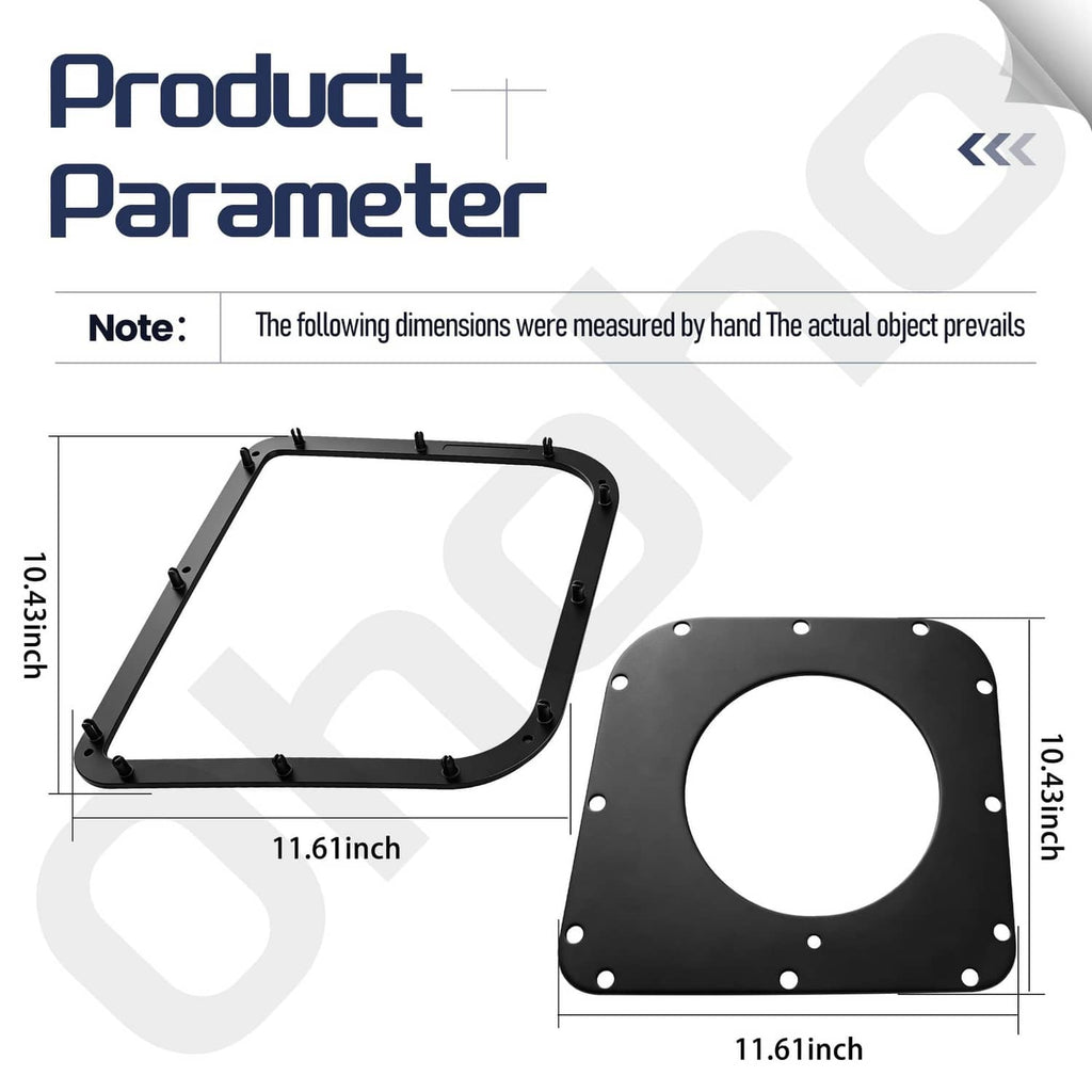 Black bagger seal frame with circular center opening and evenly spaced bolt holes
