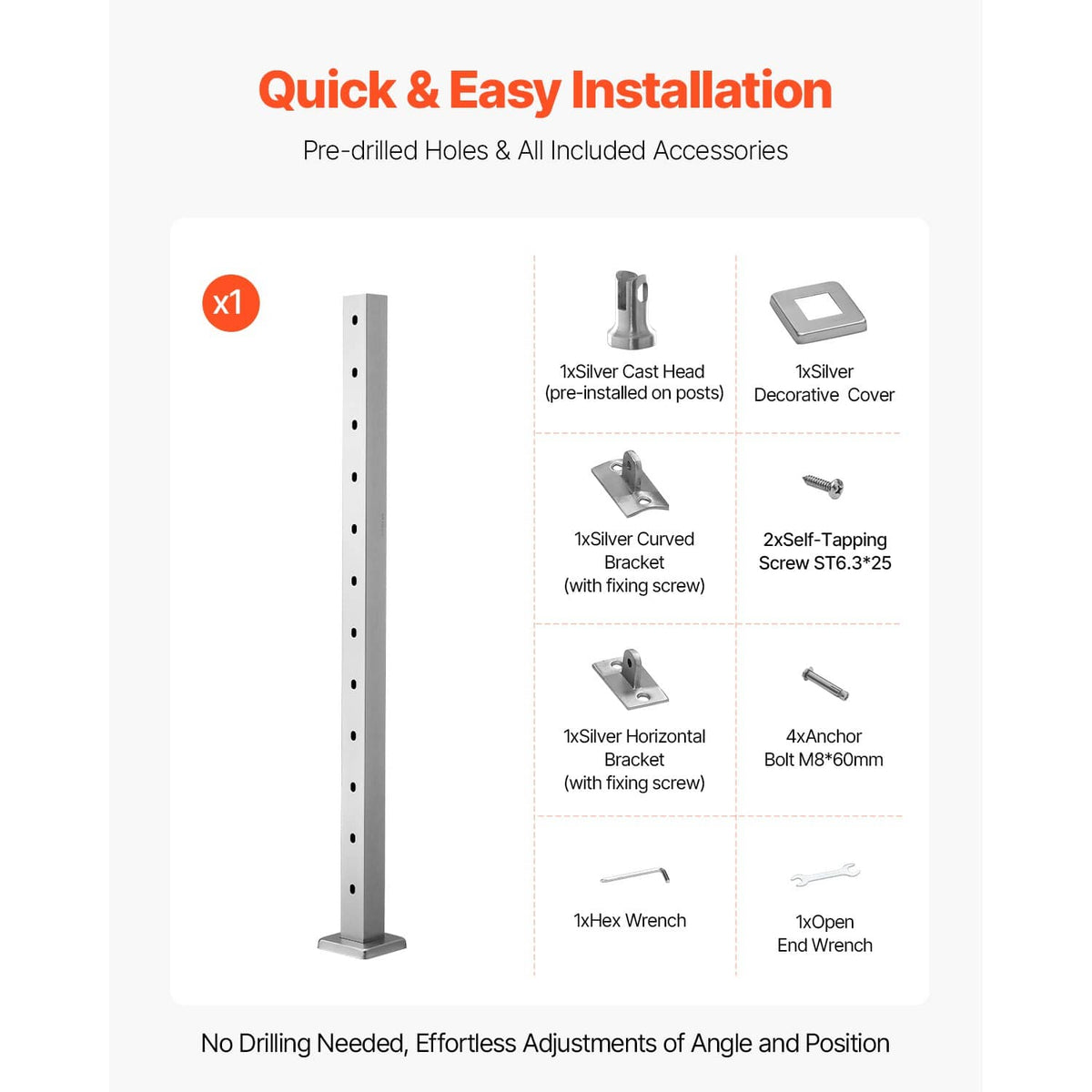 Silver cable railing post kit with predrilled post and installation accessories