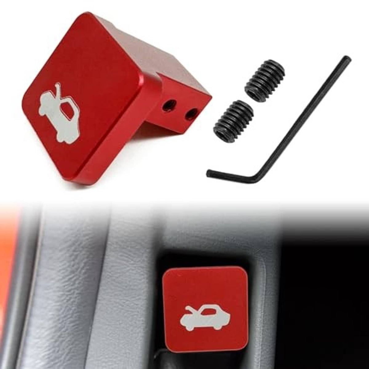 Red latch release handle bracket with two screws and hex key beside it