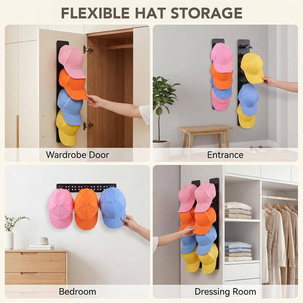 Black hat organizer clips holding stacked baseball caps on wardrobe door and in doorway spaces