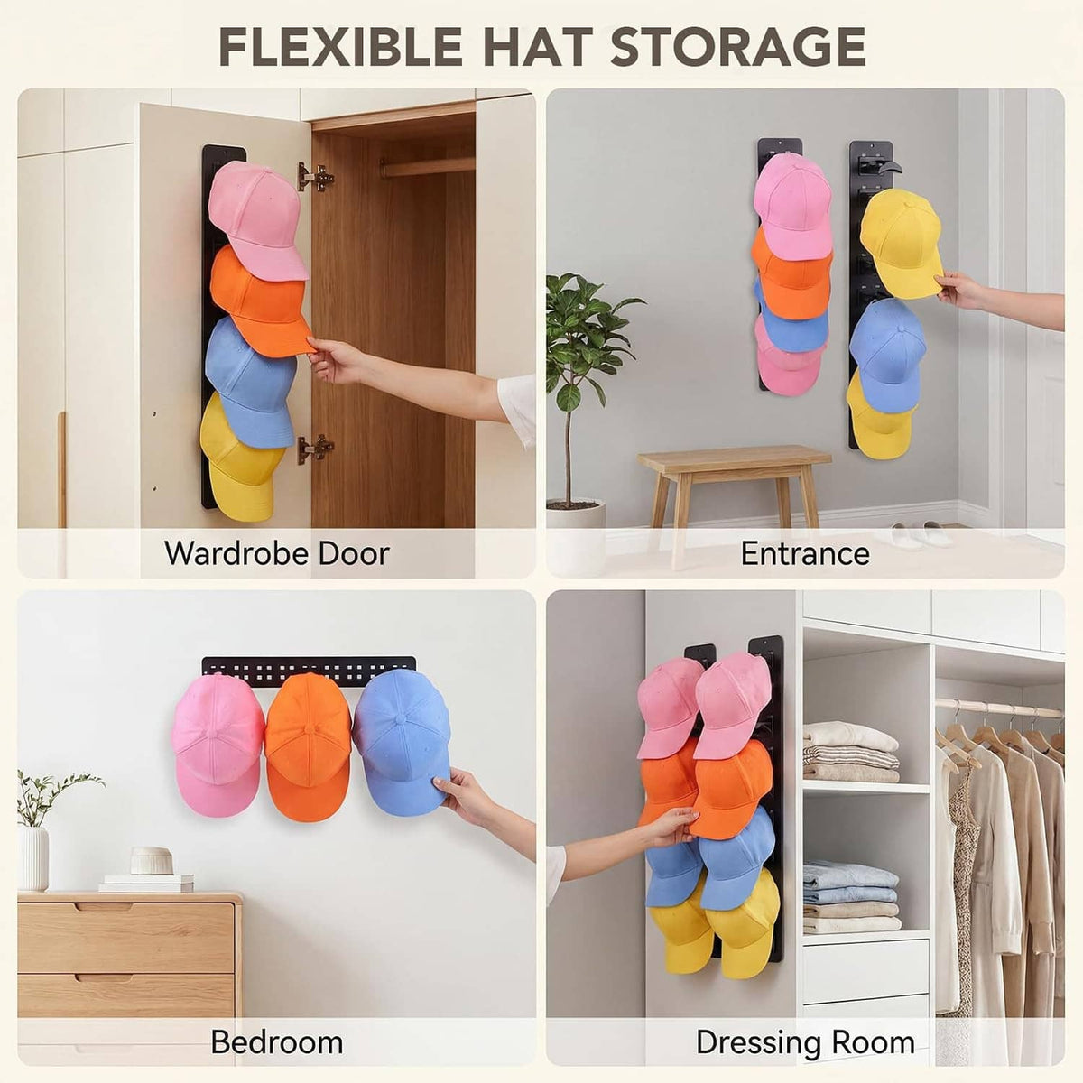 Black hat organizer clips holding stacked baseball caps on wardrobe door and in doorway spaces