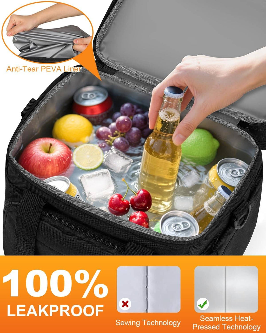 Black lunch box interior with leakproof-lined compartment holding drinks and fruit.