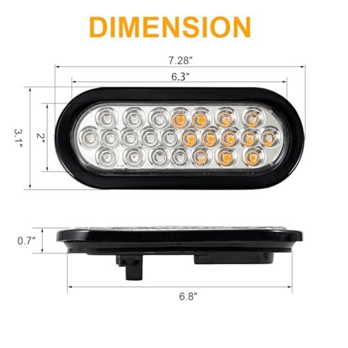 Oval LED strobe light size diagram with black housing and clear lens