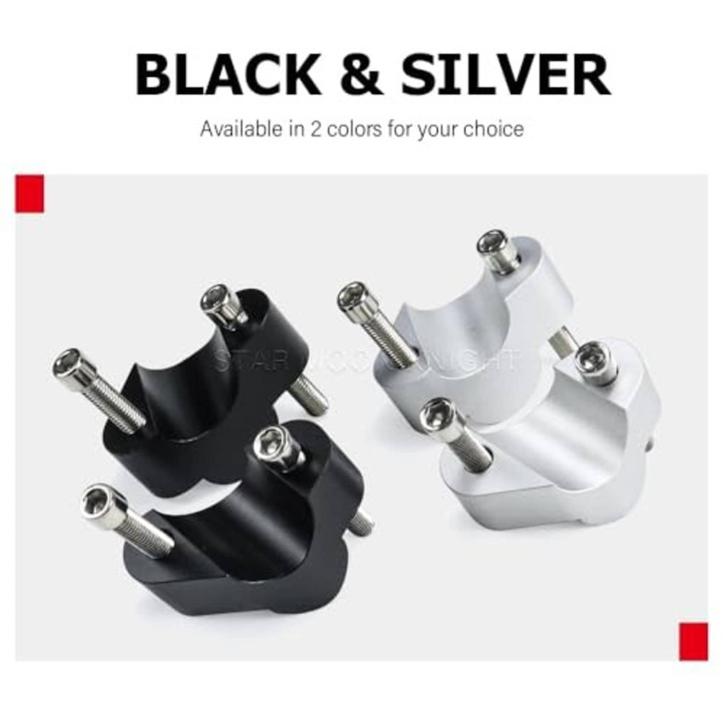 Black and silver motorcycle handlebar riser clamp adapter options