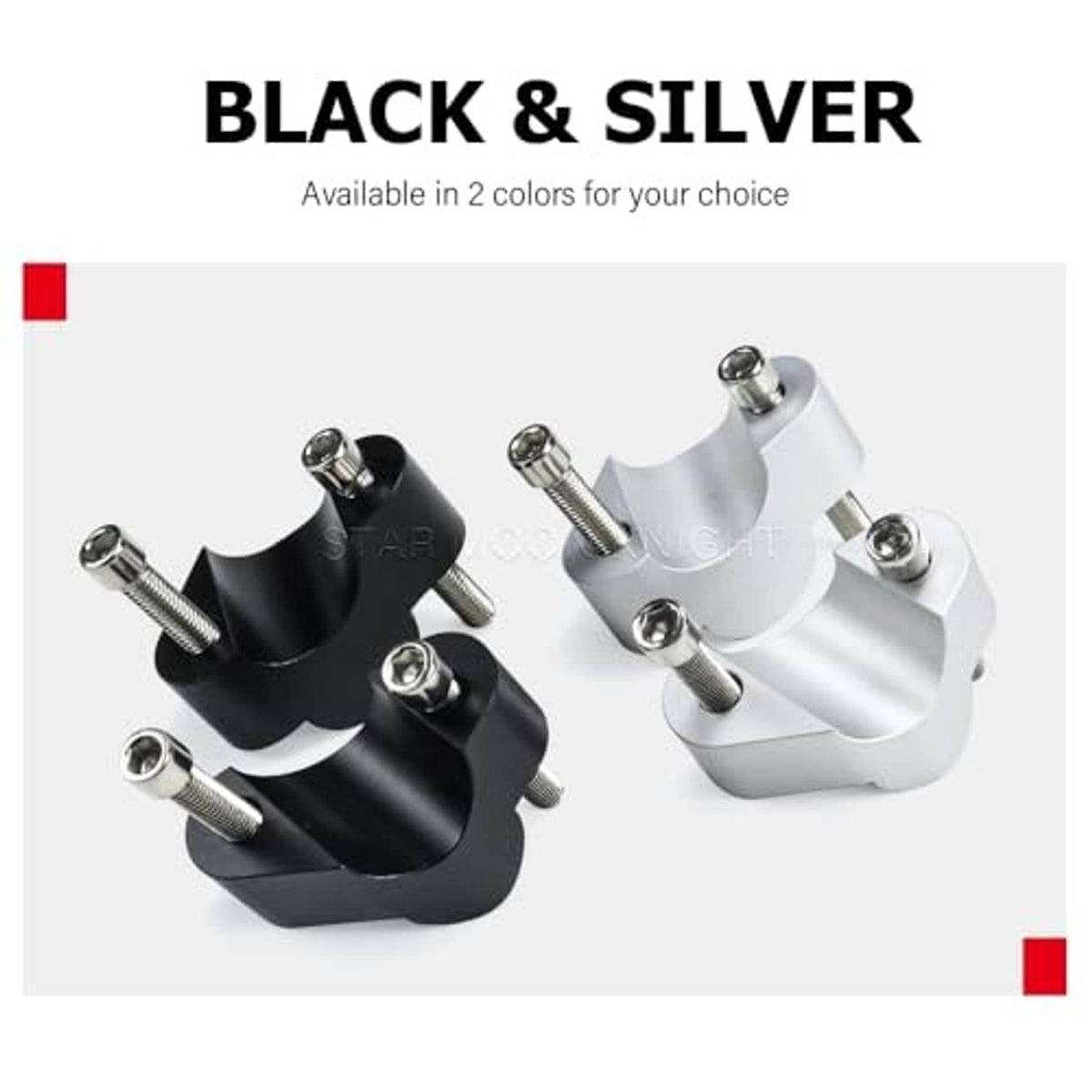 Black and silver motorcycle handlebar riser clamp adapter options