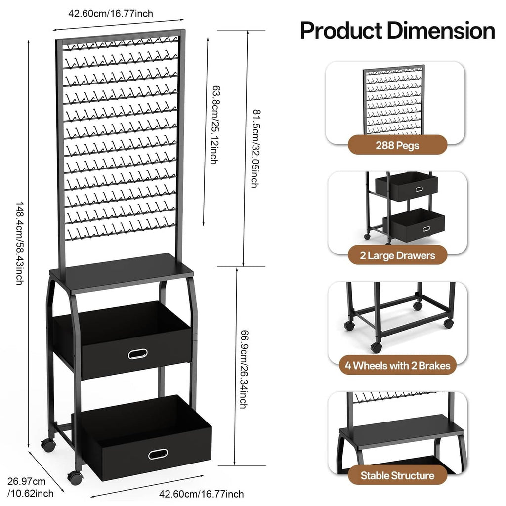Black portable braiding hair rack with wheels and drawers, shown with product dimensions