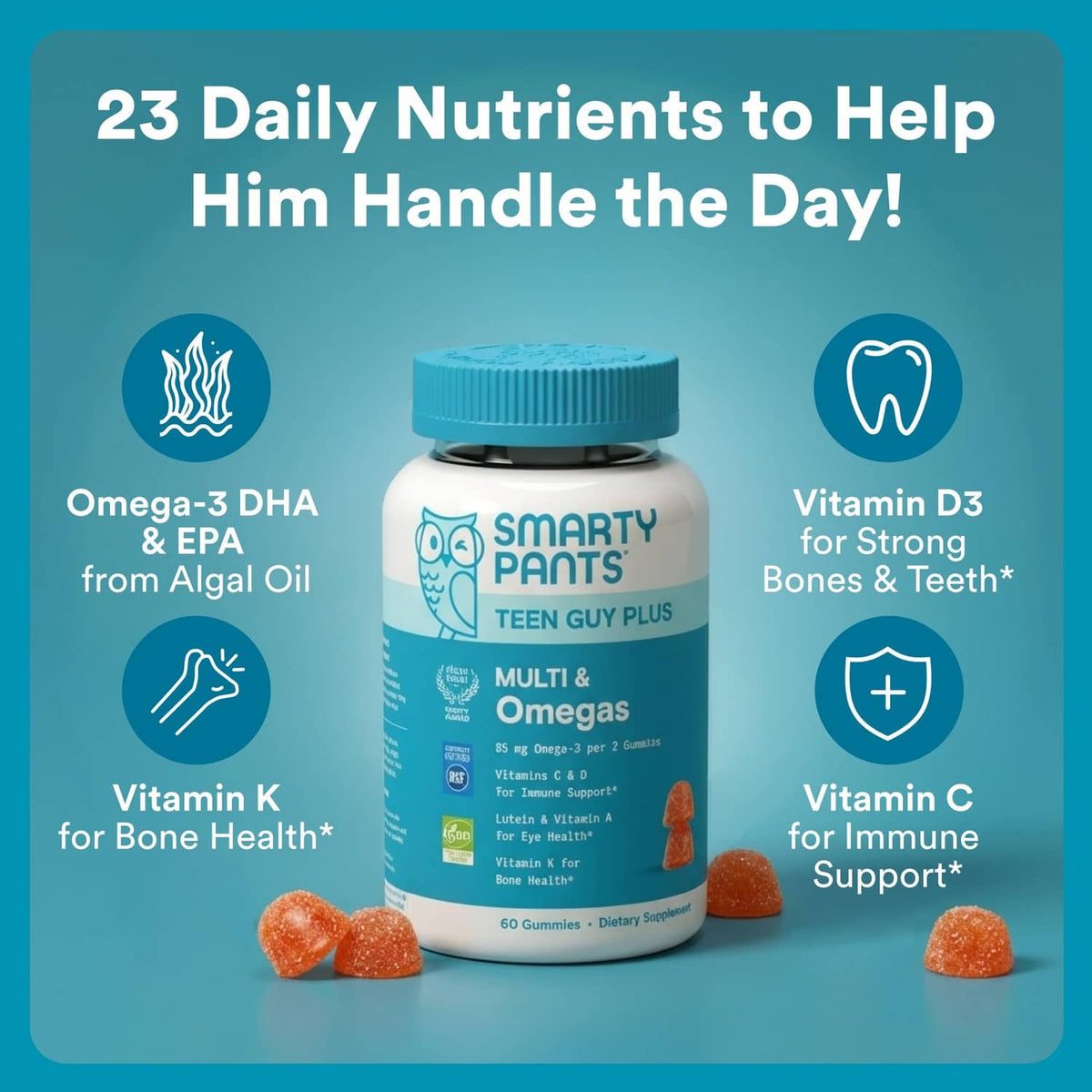 SmartyPants teen guy plus multi & omegas bottle with nutrient icons on label panel