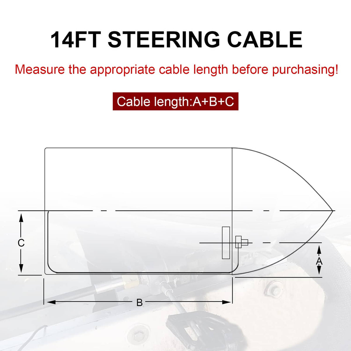 14 ft steering cable length diagram with measurement indicators and routing illustration