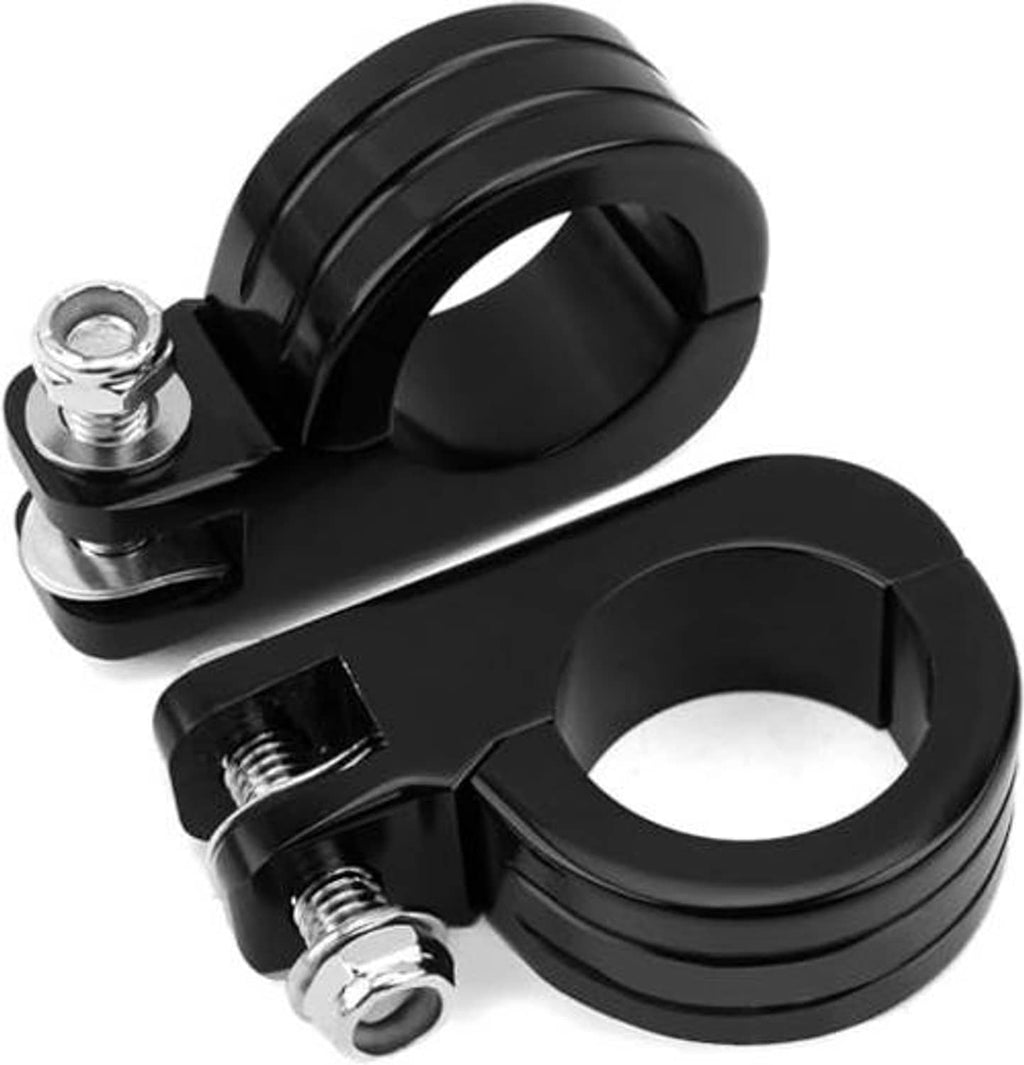 Black P-clamp foot peg mounting brackets with screws and threaded mounting hardware