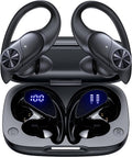 Black wireless earbuds with open charging case, blue LED display on the front