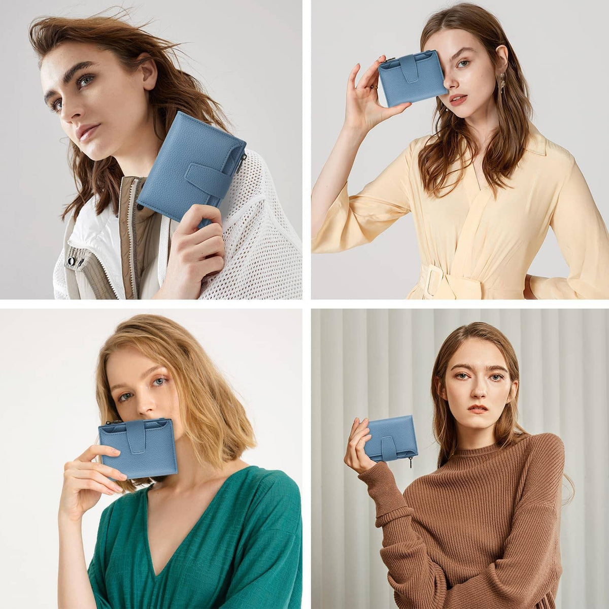 Sky blue mini bifold wallet in model hands with front flap tab and zipper closure