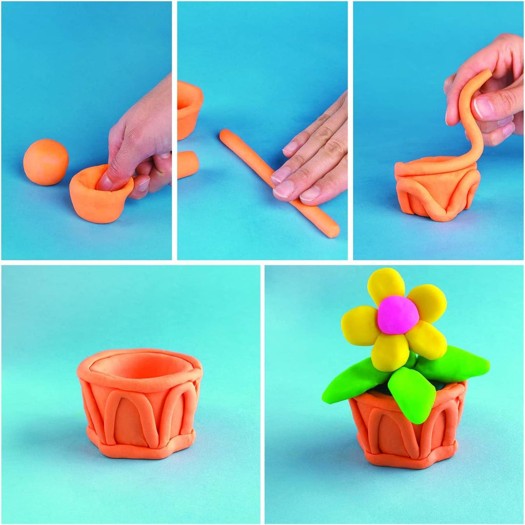 Play-Doh modeling compound hands shaping orange clay pot and flower
