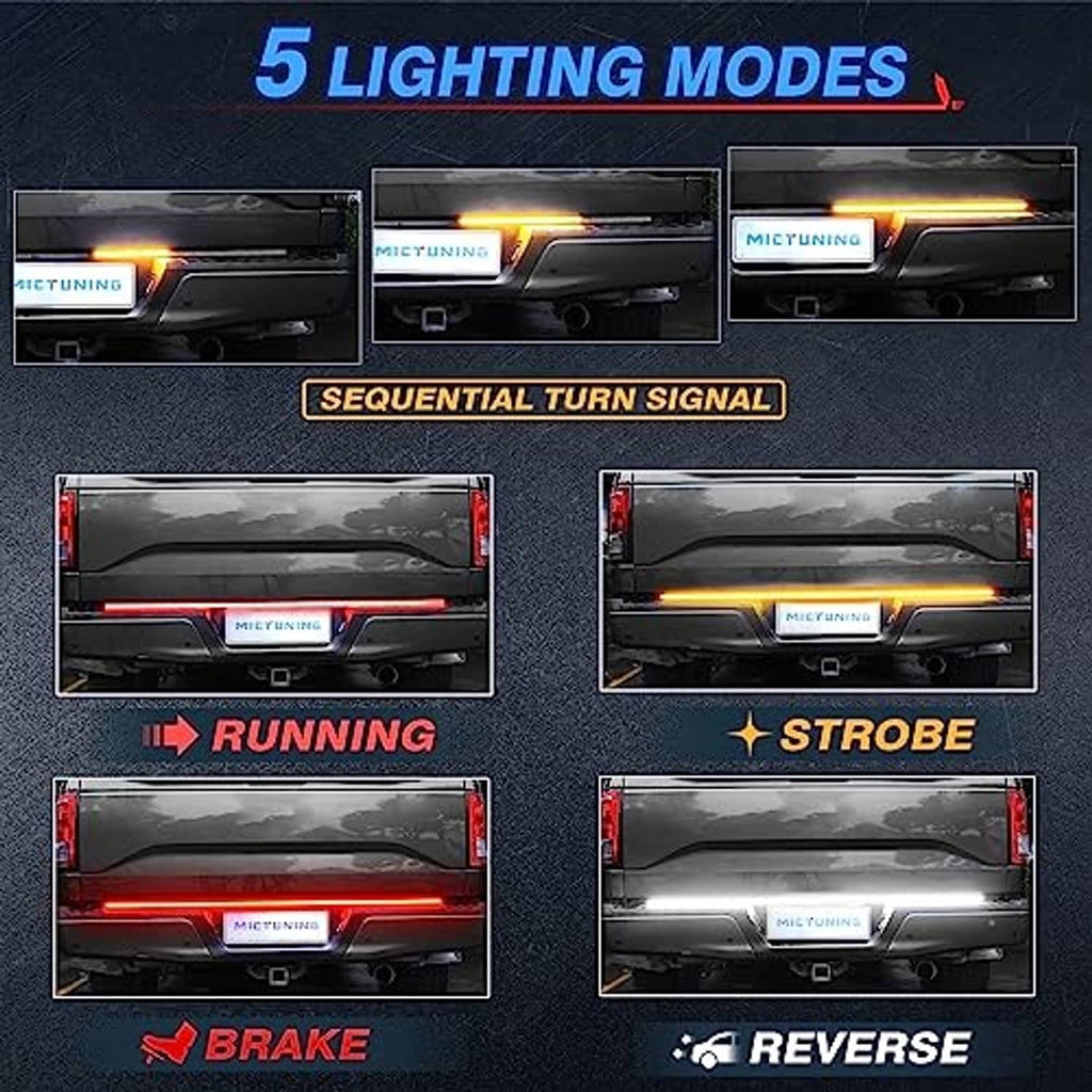 Tailgate LED light bar with multi-mode indicators for running, strobe, brake, reverse