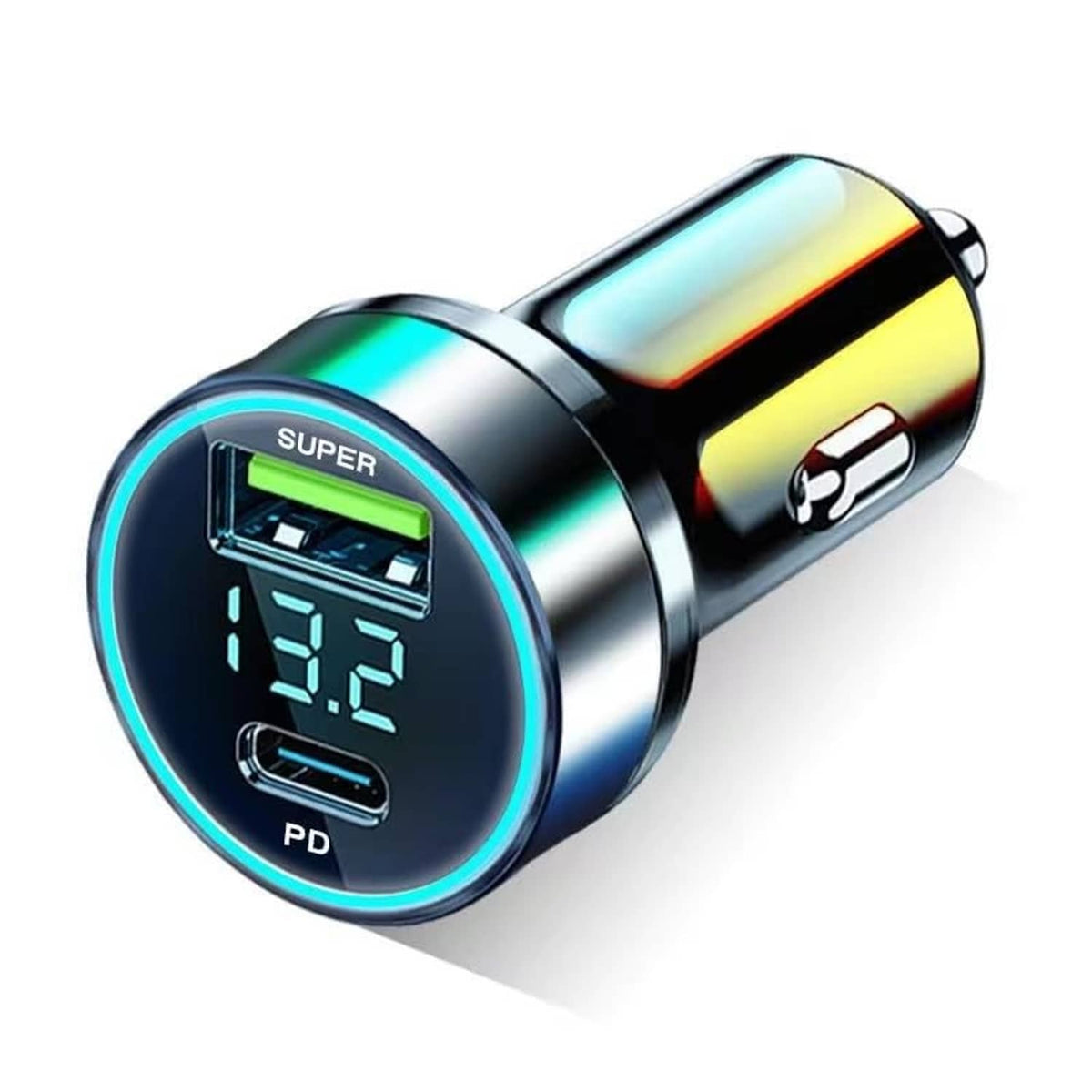 Car USB-C charger adapter showing digital voltage reading on circular LED display